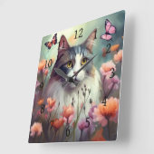 Katze mit Blume und Schmetterlingen Kat 701 Quadratische Wanduhr (Winkel)