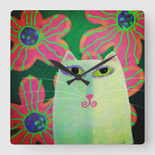 Katze mit Blumen Abstrakte Kunst Quadratische Wanduhr