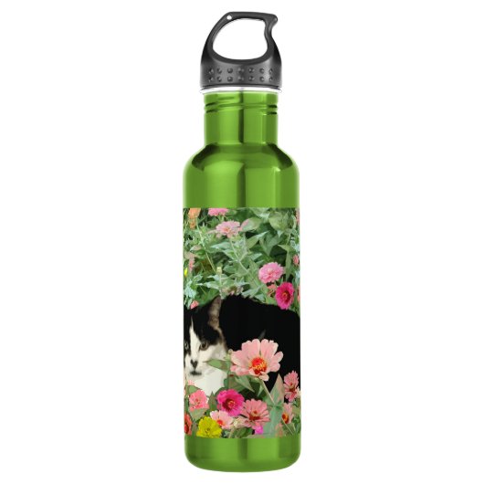 Katze mit Blumen Edelstahlflasche (Vorderseite)