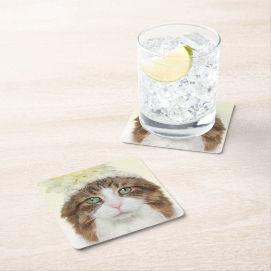 Katze mit Blumen-Hut Rechteckiger Pappuntersetzer (Vor Ort)