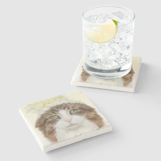 Katze mit Blumen-Hut Steinuntersetzer (Seitenansicht)