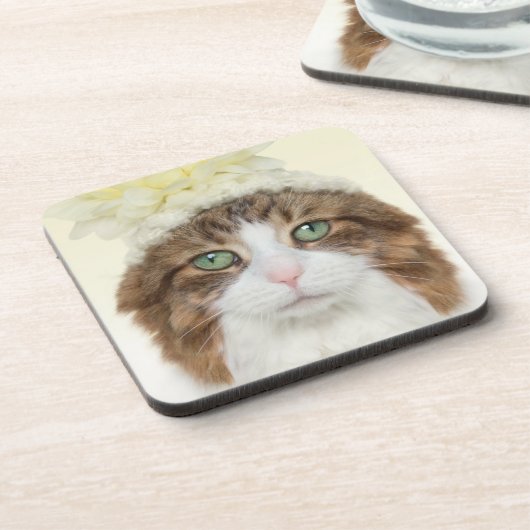 Katze mit Blumen-Hut Untersetzer (Linke Seite)