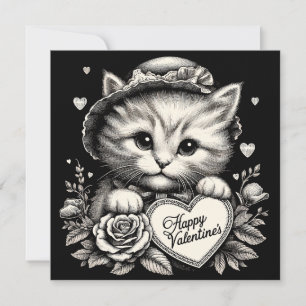 Katze mit Blumen und Herz Valentinsillustration Karte