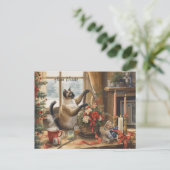 Katze mit Blumen Winter Weihnachtskollektion Feiertagspostkarte (Stehend Vorderseite)