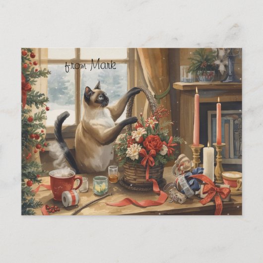Katze mit Blumen Winter Weihnachtskollektion Feiertagspostkarte (Vorderseite)