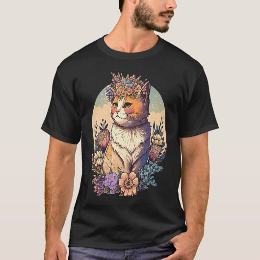 Katze mit Blumenkranz 3 T-Shirt (Vorderseite)