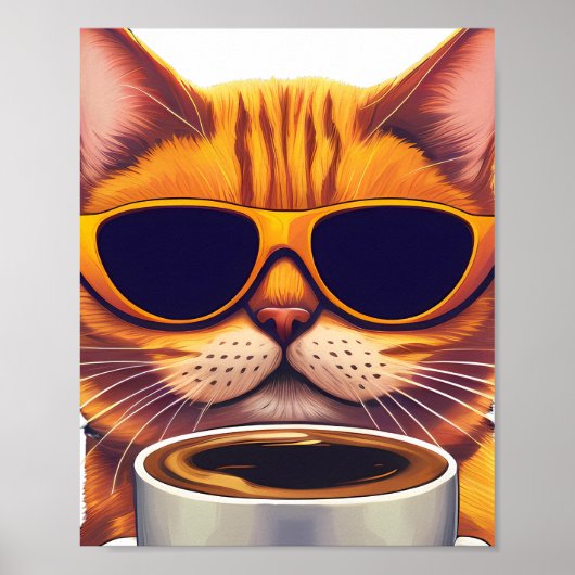 Katze mit Brille Kaffee trinken Poster (Vorne)