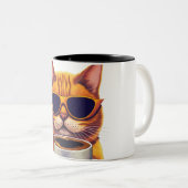 Katze mit Brille Kaffee trinken Zweifarbige Tasse (VorderseiteRechts)