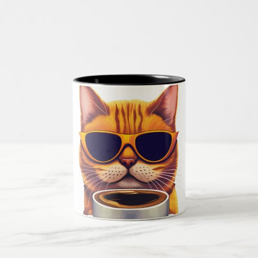Katze mit Brille Kaffee trinken Zweifarbige Tasse (Mittel)