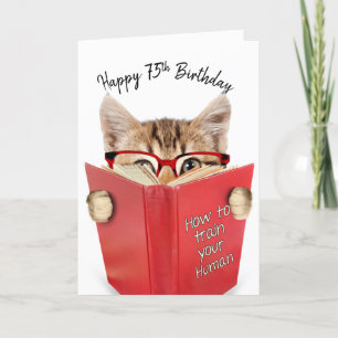 Katze mit Brille und Rotes Buch 75. Geburtstag Karte