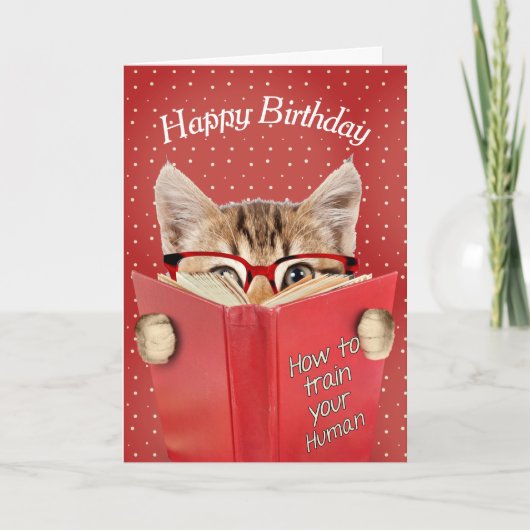 Katze mit Brille und Rotes Buch Geburtstag Karte (Vorderseite)