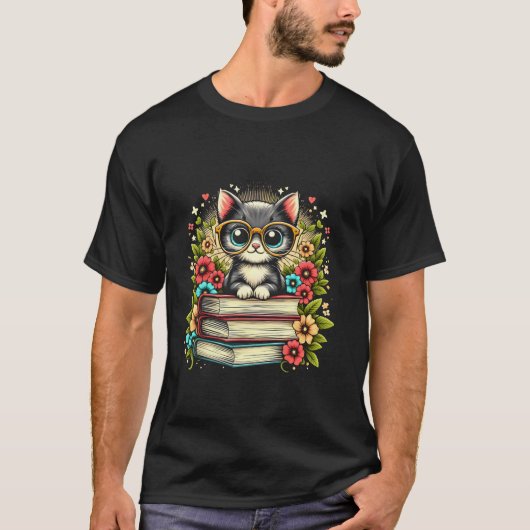 Katze mit Büchern Blume für Niedliches Katzen Buch T-Shirt (Vorderseite)