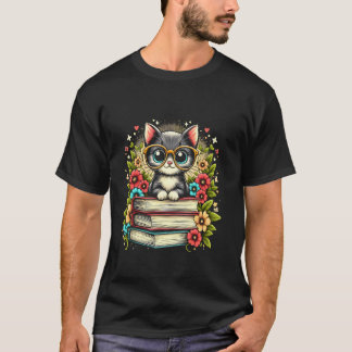 Katze mit Büchern und Blumen für süße Katze und Bü T-Shirt