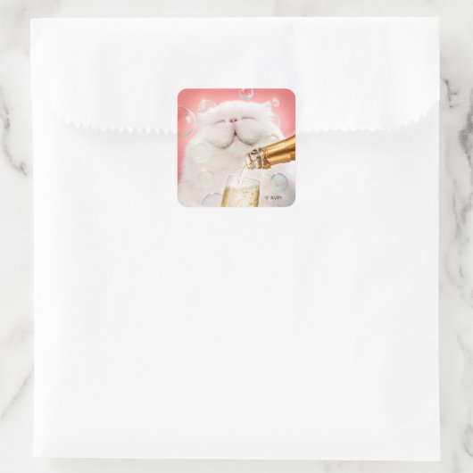 Katze mit Champagner Quadratischer Aufkleber (Tasche)