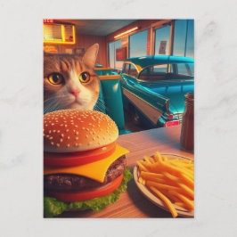 Katze mit Cheeseburger und Fries im Retro Diner Postkarte