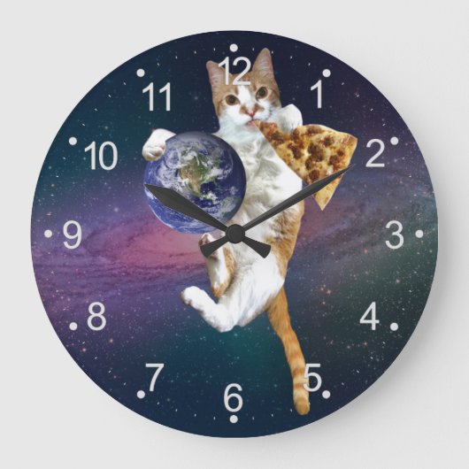 Katze mit dem Planeten und Pizza essen Große Wanduhr (Vorderseite)
