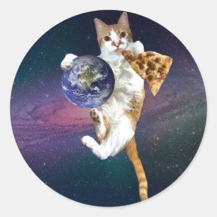 Katze mit dem Planeten und Pizza essen Runder Aufkleber