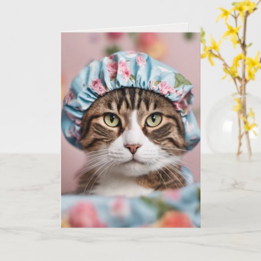 Katze mit Duschhaube Karte (Gelbe Blume)