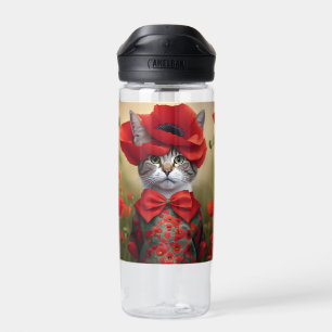 Katze mit einem aus einem Mohnblumen gefertigten K Trinkflasche
