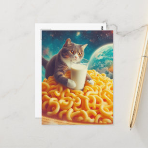 Katze Mit einem Glas Milch auf einem Planeten Käse Postkarte