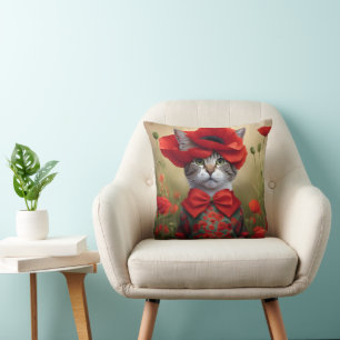 Katze mit einem Kleid aus einem Mohnblumenmuster Kissen