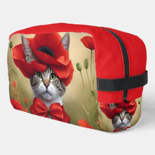 Katze mit einem Kleid aus einem Mohnblumenmuster Waschbeutel