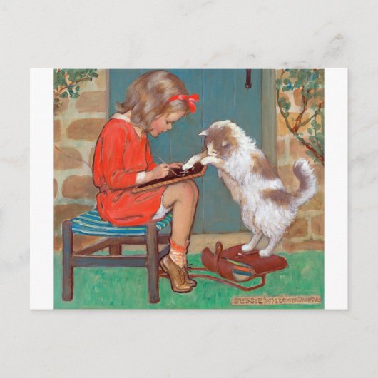 Katze mit einem Mädchen, Jessie Willcox Smith Postkarte (Vorderseite)