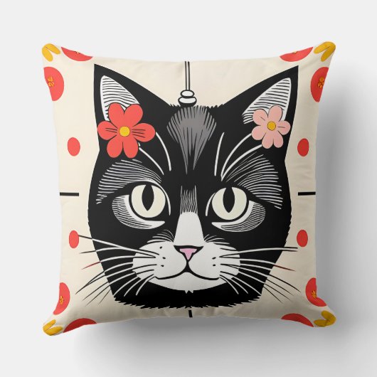 Katze mit farbigen Blume und grafischen Elementen Kissen (Rückseite)