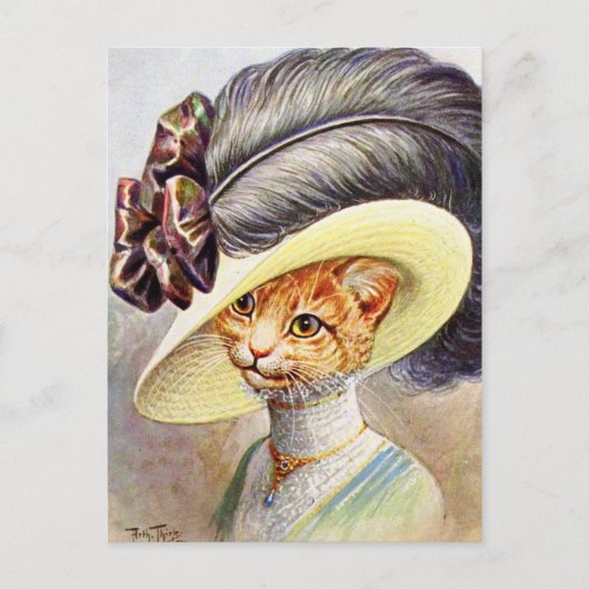 Katze mit Federhut Postkarte (Vorderseite)