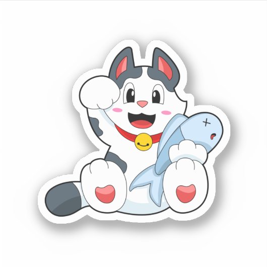 Katze mit Fisch Aufkleber (Vorderseite)