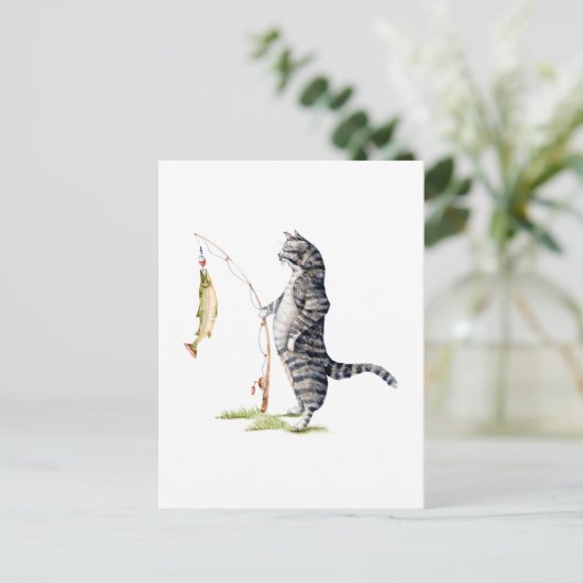 Katze mit Fisch Postkarte (Stehend Vorderseite)
