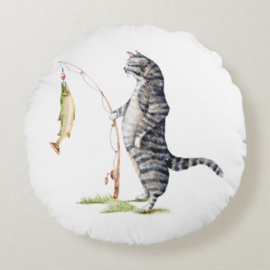 Katze mit Fisch Rundes Kissen (Vorderseite)