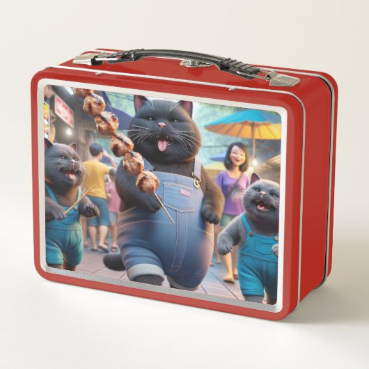 Katze mit Fleischballgriff und Freunden Metall Brotdose (Rückseite)