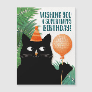 Katze mit Geburtstagshut, Luftballon und Pflanzen Magnetkarte