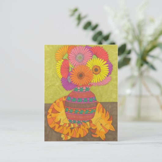 Katze mit Gerbera Daisies in Talavera Vase Postkarte (Stehend Vorderseite)