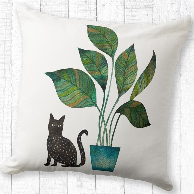Katze mit getöpfter Pflanze Wasserfarbe Kissen (Watercolor cat and house plant pillow)