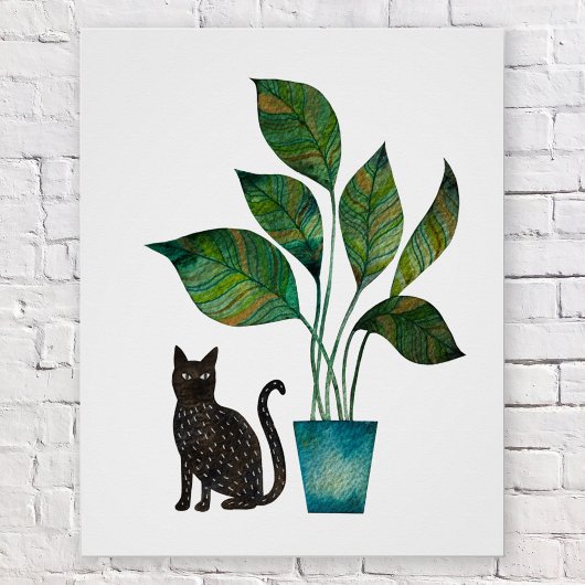 Katze mit getöpfter Pflanze Wasserfarbe Poster