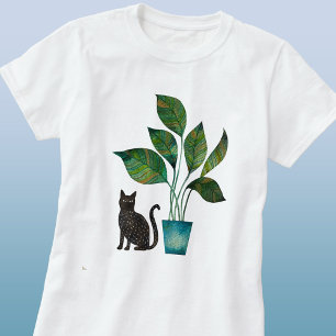 Katze mit getöpfter Pflanze Wasserfarbe T-Shirt