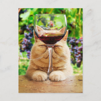 Katze mit Glas Wein Einladungspostkarte