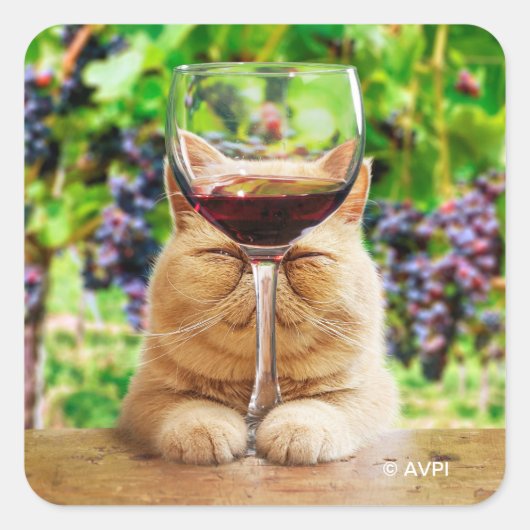 Katze mit Glas Wein Quadratischer Aufkleber (Vorderseite)
