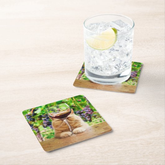 Katze mit Glas Wein Rechteckiger Pappuntersetzer (Vor Ort)