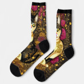 Katze mit goldenem Collar und dunkelrosa Blume Socken (Linkes Detail)