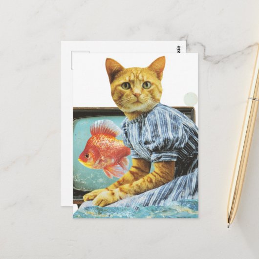 Katze mit Goldfisch auf TV Collage Postkarte (Vorderseite/Rückseite Beispiel)