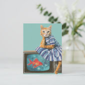 Katze mit Goldfisch im Retro-Fernseh-Collage Postkarte (Stehend Vorderseite)