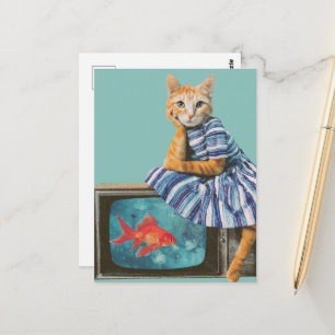 Katze mit Goldfisch im Retro-Fernseh-Collage Postkarte