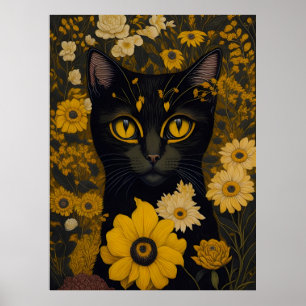 Katze mit großen Augen vor Blume Poster