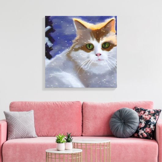 Katze mit grünen Augen an einem schneebedeckten Wi Leinwanddruck (Insitu (Wohnzimmer))