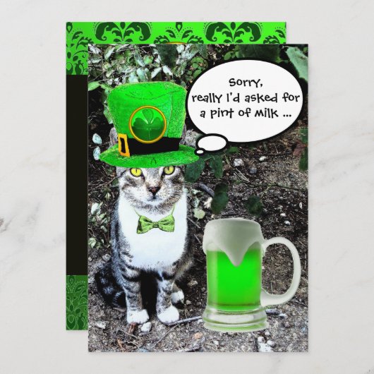 KATZE MIT GRÜNEN IRISH BIER ST PATRICK'S DAY PARTY EINLADUNG (Vorne/Hinten)