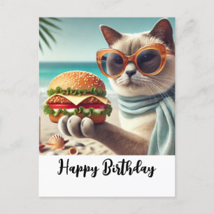 Katze mit Hamburger Happy Birthday Postkarte