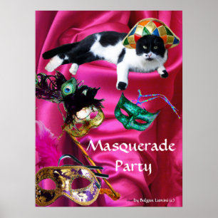 KATZE MIT HARLEKINHUT UND MASKENBALLMASKEN POSTER